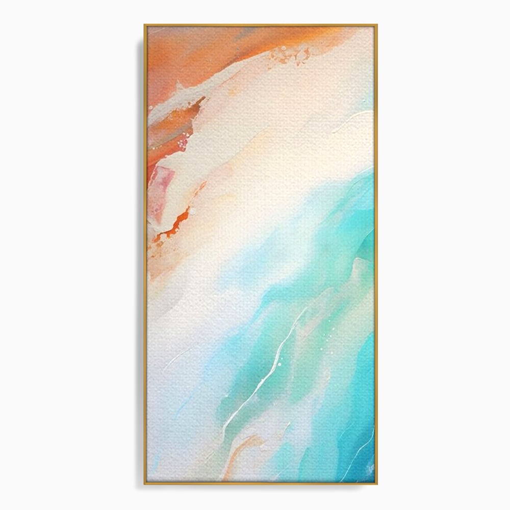Tablou canvas cu pictura abstracta cu valuri turcoaz, in rama de aluminiu auriu