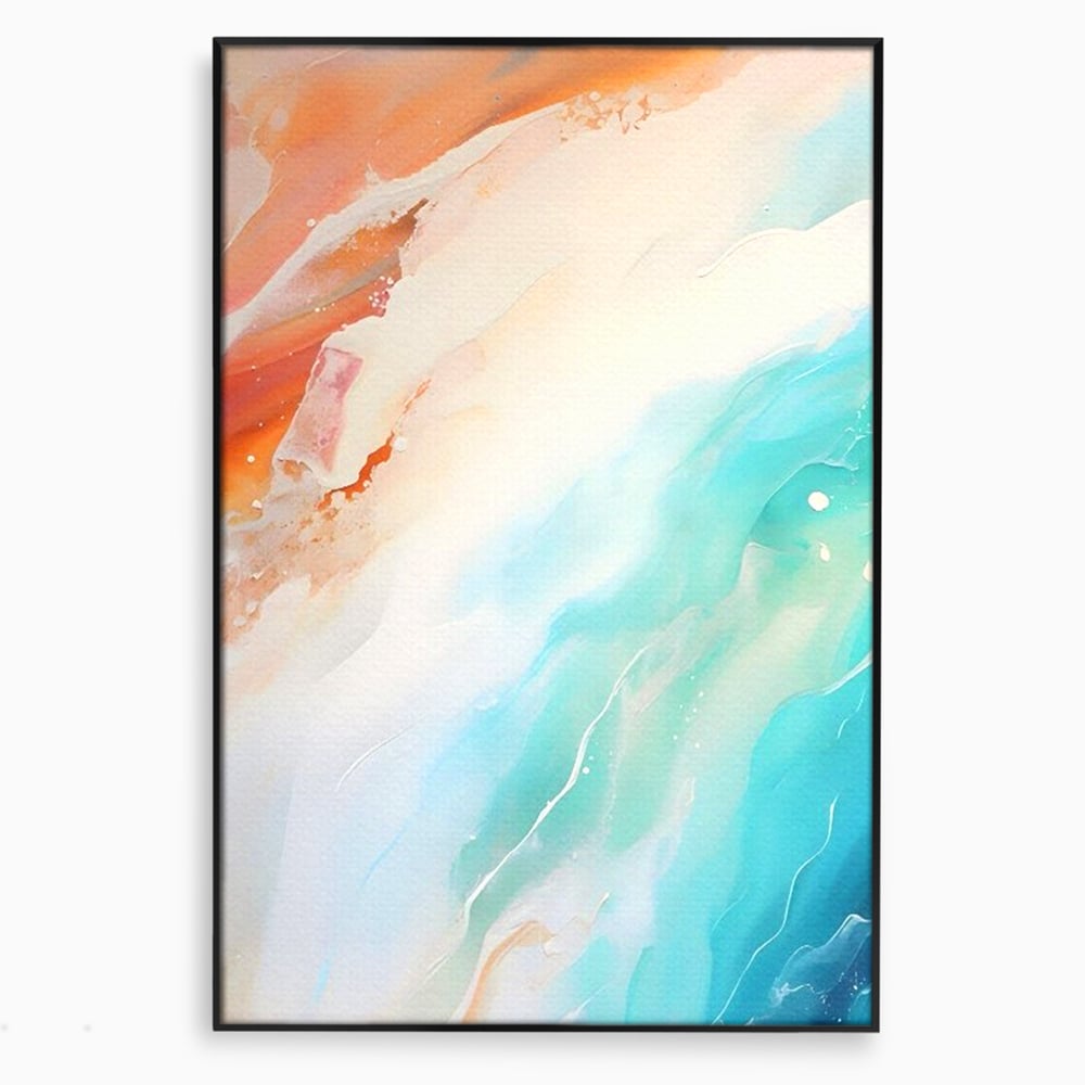 Tablou canvas cu pictura abstracta cu valuri turcoaz, in rama de aluminiu negru