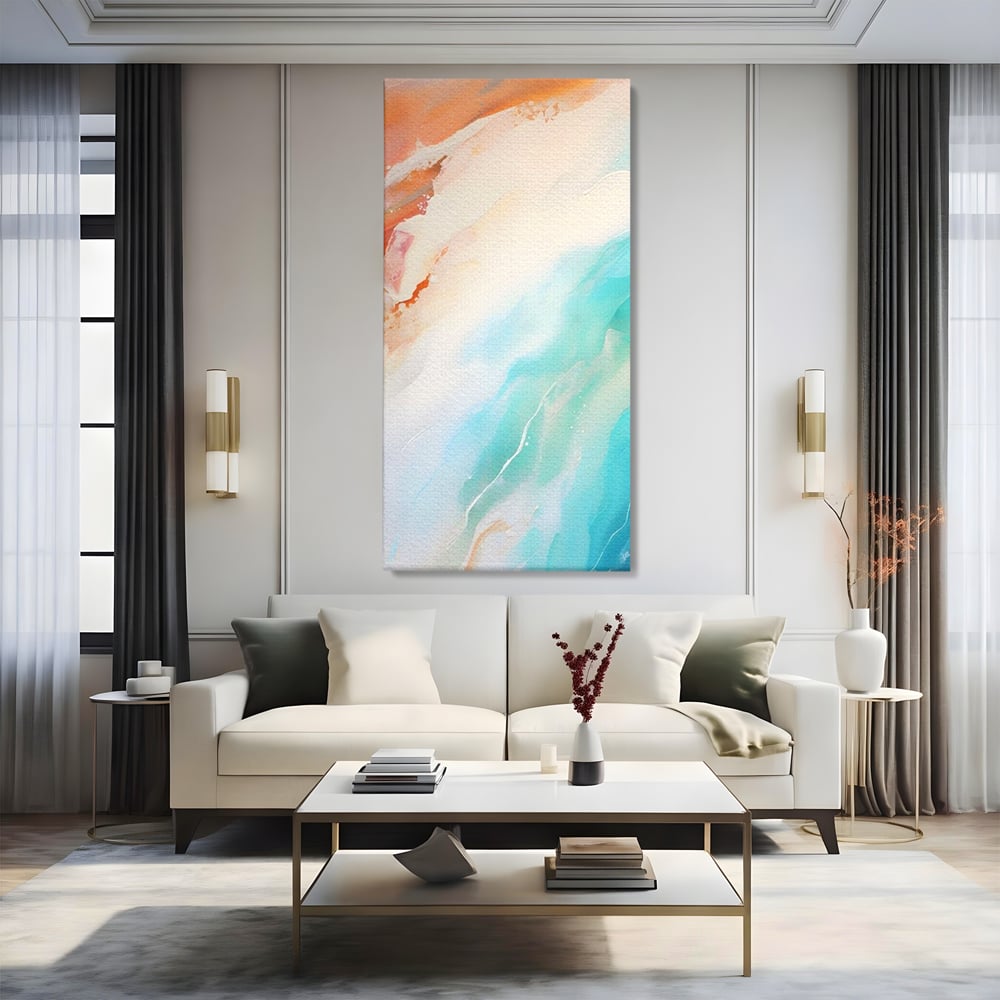 Tablou canvas cu pictura abstracta cu valuri turcoaz, fara rama, pe sasiu de lemn, pe perete intr-un living