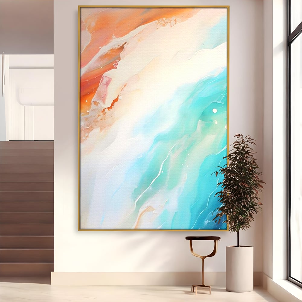 Tablou canvas cu pictura abstracta cu valuri turcoaz, in rama de aluminiu auriu