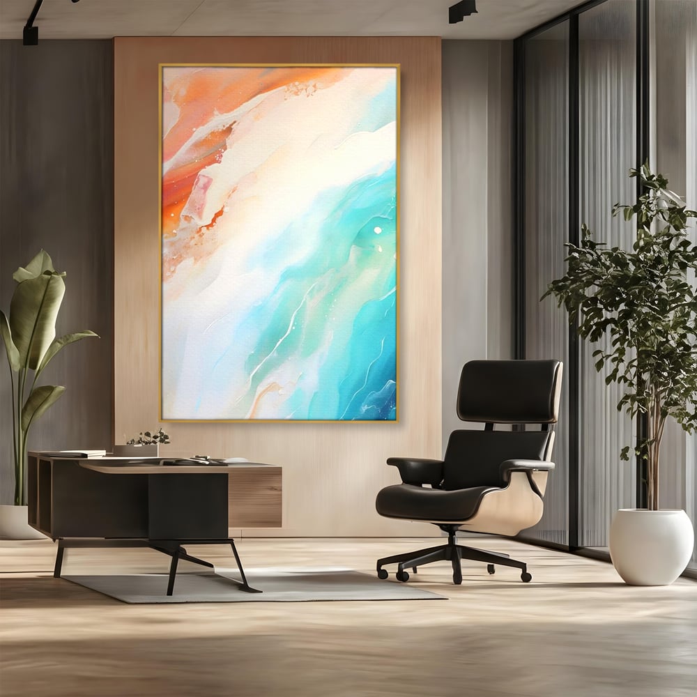 Tablou canvas cu pictura abstracta cu valuri turcoaz, in rama de aluminiu auriu, pe perete intr-un birou