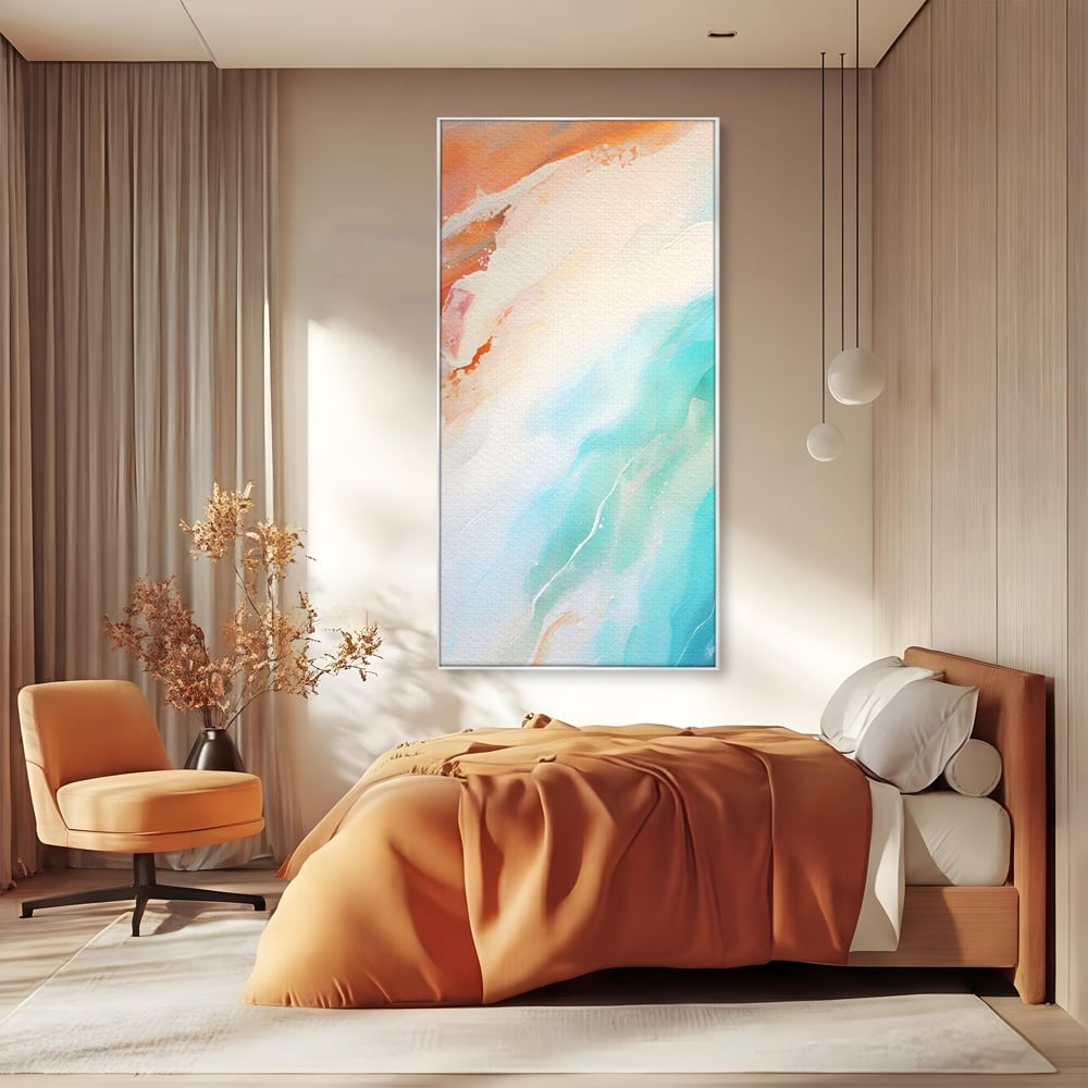 Tablou canvas cu pictura abstracta cu valuri turcoaz, in rama de aluminiu argintiu, pe perete intr-un dormitor