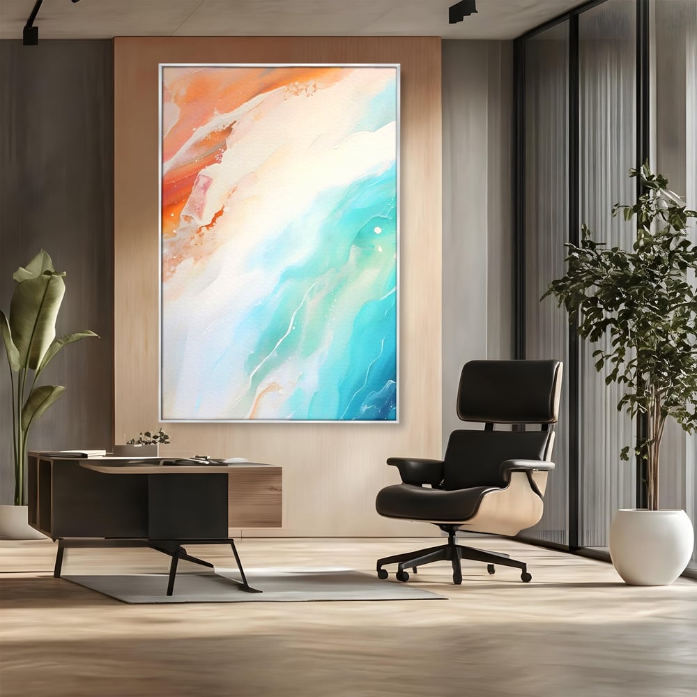 Tablou canvas cu pictura abstracta cu valuri turcoaz, in rama de aluminiu argintiu, pe perete intr-un birou