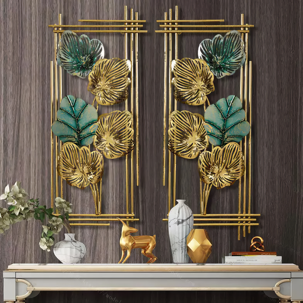 Set 2 Decoratiuni Metalice de Perete LuxCanva® Emerald Leaf Frame A2004, din Metal, Verticale, Auriu, Verde, Dimensiune Mare 37 × 86 × 3.5 cm