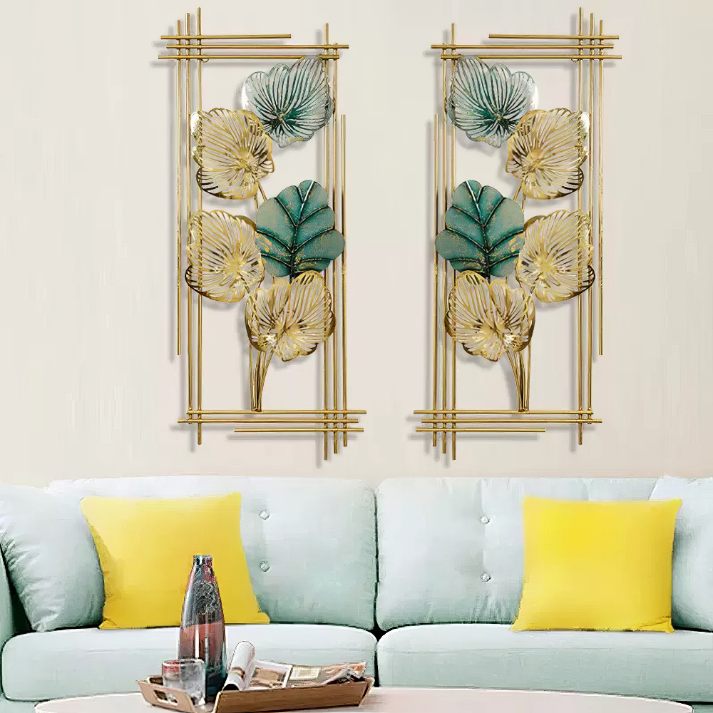 Set 2 Decoratiuni Metalice de Perete LuxCanva® Emerald Leaf Frame A2004, din Metal, Verticale, Auriu, Verde, Dimensiune Mare 37 × 86 × 3.5 cm