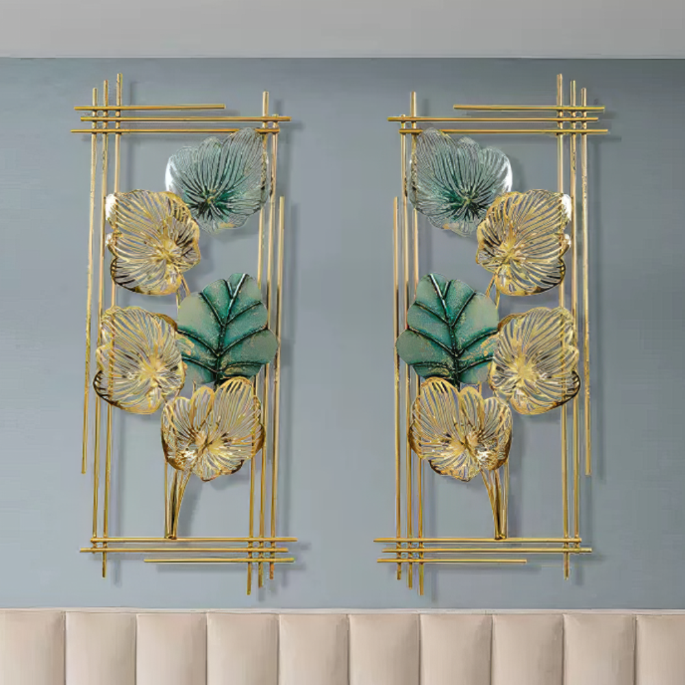 Set 2 Decoratiuni Metalice de Perete LuxCanva® Emerald Leaf Frame A2004, din Metal, Verticale, Auriu, Verde, Dimensiune Mare 37 × 86 × 3.5 cm