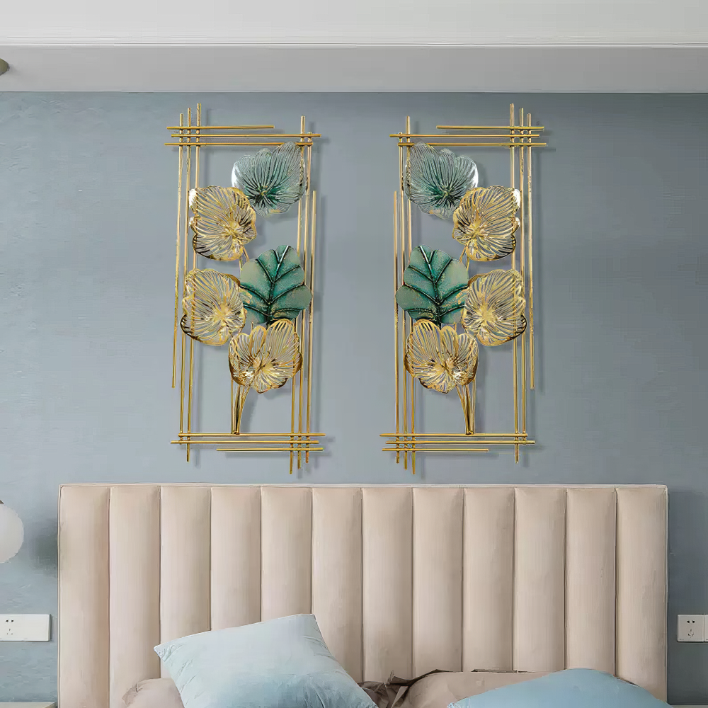 Set 2 Decoratiuni Metalice de Perete LuxCanva® Emerald Leaf Frame A2004, din Metal, Verticale, Auriu, Verde, Dimensiune Mare 37 × 86 × 3.5 cm