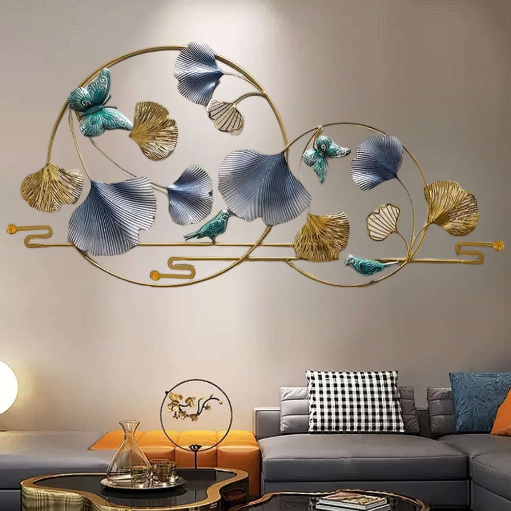Tablou canvas cu decoratiune metalica de perete cu frunze