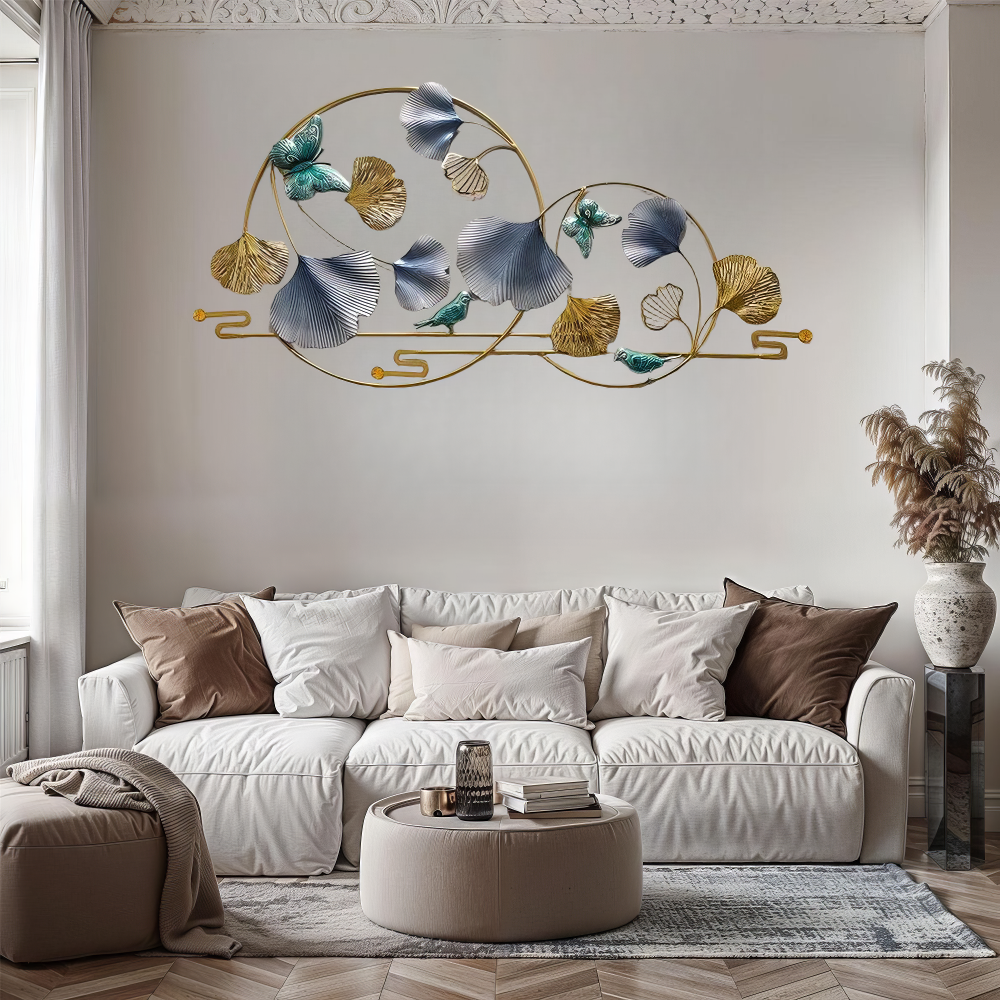 Decoratiune Metalica de Perete LuxCanva® BlueHaven A2035, din Metal, Orizontala, Albastru, Verde, Auriu, Dimensiune Mare 120 x 60 cm