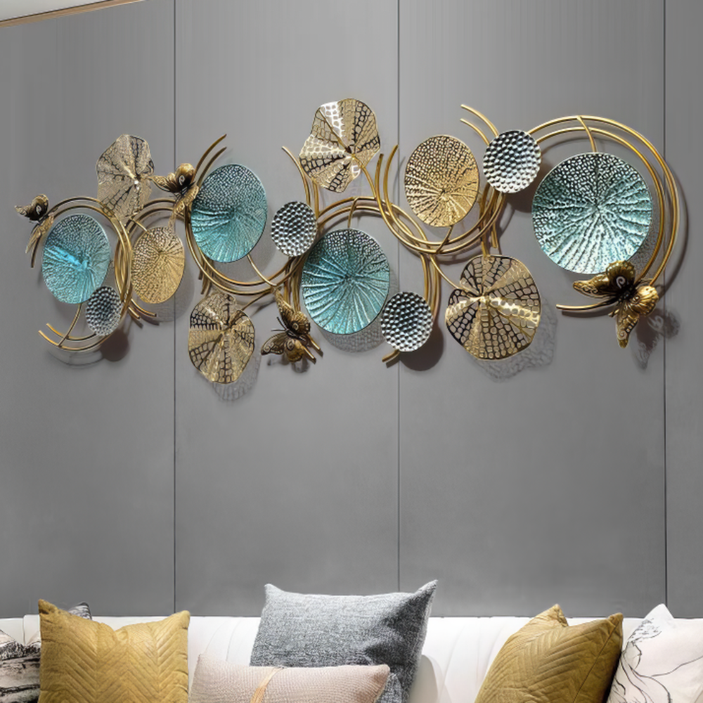 Decoratiune Metalica de Perete LuxCanva® Ocean Harmony A2136L, din Metal, Orizontala, Auriu, Turcoaz, Gri, Dimensiune Mare 157 x 57 cm