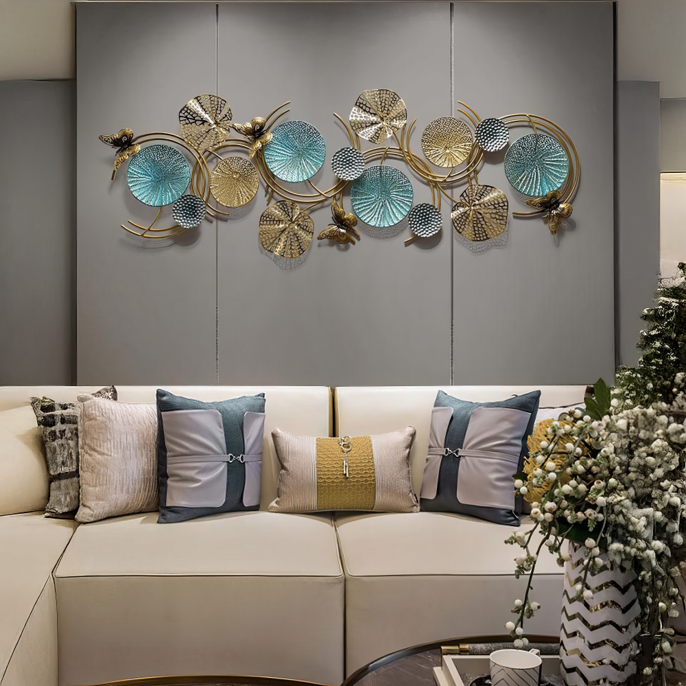 Decoratiune Metalica de Perete LuxCanva® Ocean Harmony A2136L, din Metal, Orizontala, Auriu, Turcoaz, Gri, Dimensiune Mare 157 x 57 cm