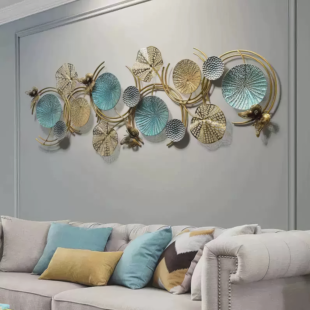 Decoratiune Metalica de Perete LuxCanva® Ocean Harmony A2136L, din Metal, Orizontala, Auriu, Turcoaz, Gri, Dimensiune Mare 157 x 57 cm