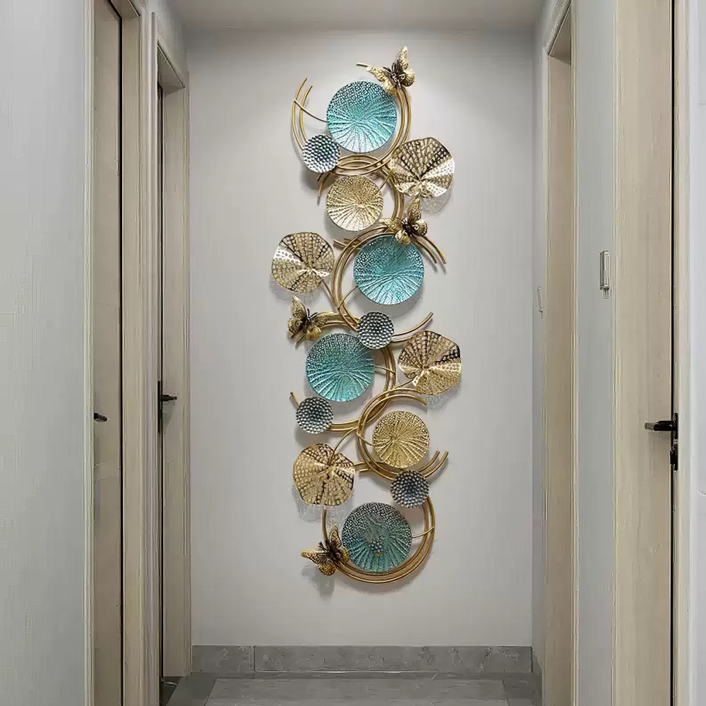 Decoratiune Metalica de Perete LuxCanva® Ocean Harmony A2136L, din Metal, Orizontala, Auriu, Turcoaz, Gri, Dimensiune Mare 157 x 57 cm