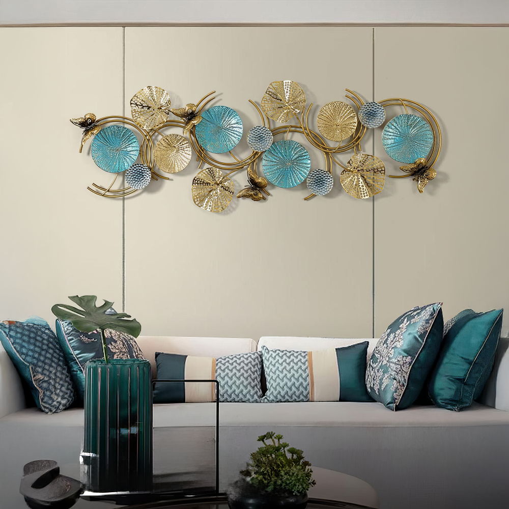 Decoratiune Metalica de Perete LuxCanva® Ocean Harmony A2136L, din Metal, Orizontala, Auriu, Turcoaz, Gri, Dimensiune Mare 157 x 57 cm