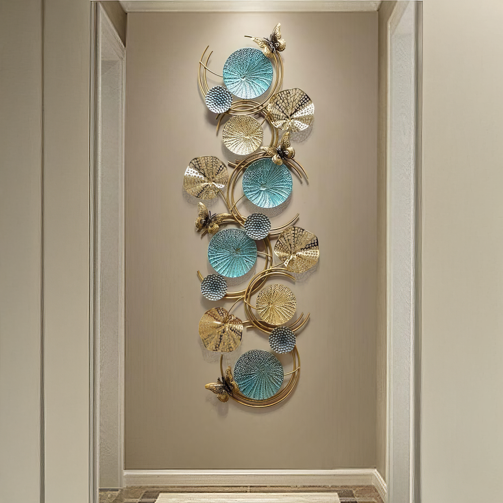 Decoratiune Metalica de Perete LuxCanva® Ocean Harmony A2136L, din Metal, Orizontala, Auriu, Turcoaz, Gri, Dimensiune Mare 157 x 57 cm