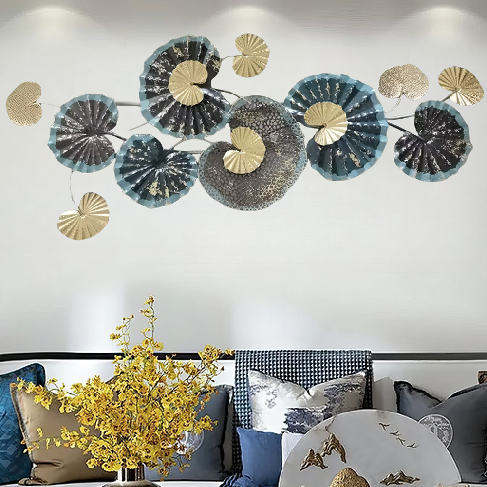 Decoratiune Metalica de Perete LuxCanva® Ocean Flowers A2412, din Metal, Albastru, Orizontala, Auriu, Argintiu, Dimensiune Mare 140 x 60 cm