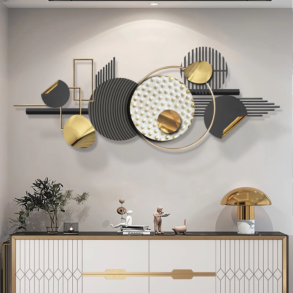 Decoratiune Metalica de Perete LuxCanva® Silent Geometry A2452, din Metal, Negru, Gold, Alb, Gri, Auriu, Dimensiune Mare 150 x 60 cm