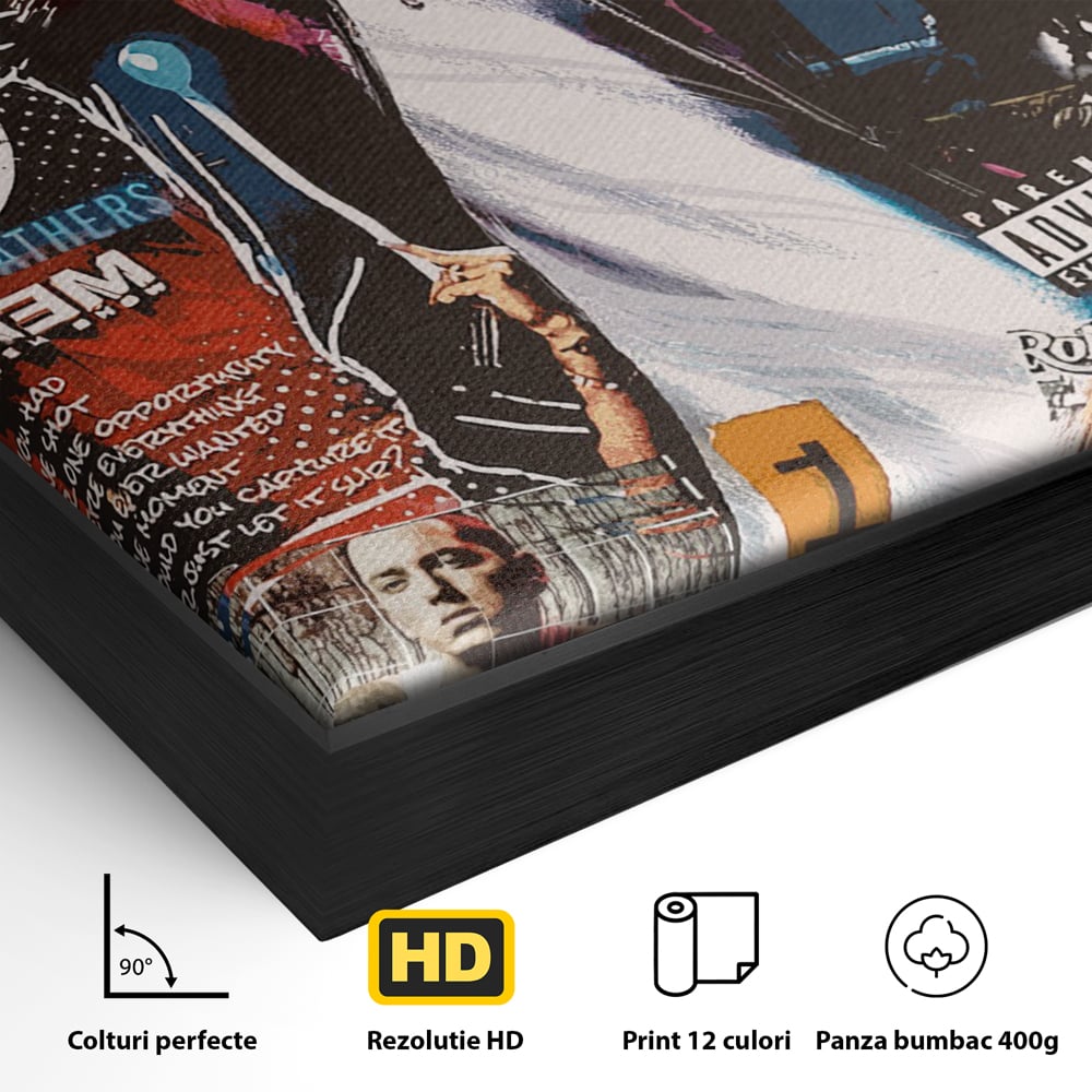 Detaliu al suprafetei: tablou canvas cu eminem si colaj hip-hop, in rama de aluminiu negru