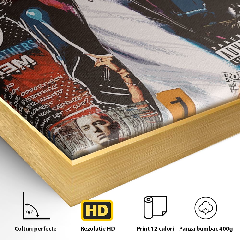 Detaliu al suprafetei: tablou canvas cu eminem si colaj hip-hop, in rama de aluminiu auriu