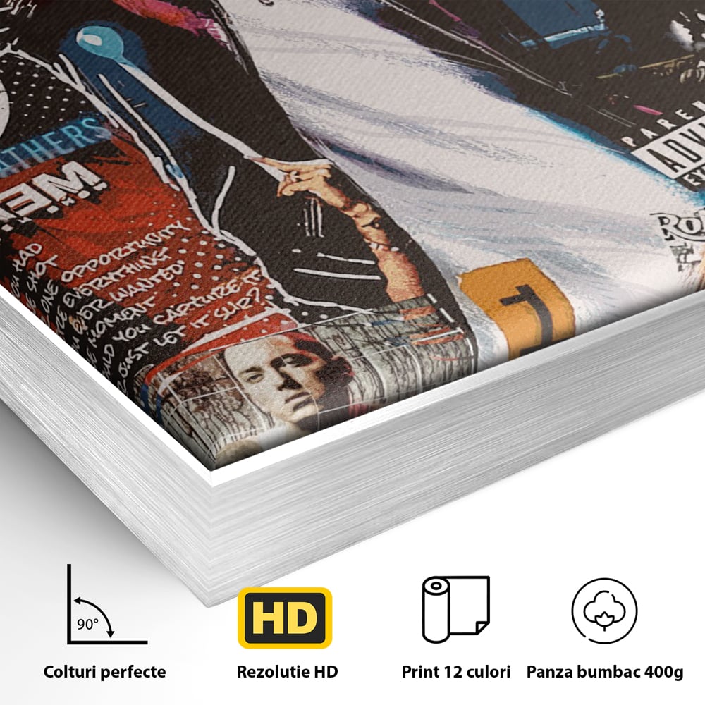 Detaliu al suprafetei: tablou canvas cu eminem si colaj hip-hop, in rama de aluminiu argintiu