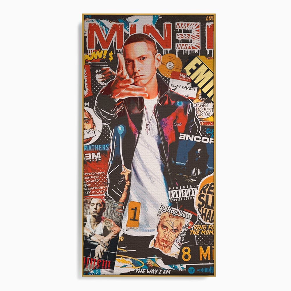 Tablou canvas cu tablou canvas cu eminem si colaj hip-hop, in rama de aluminiu auriu