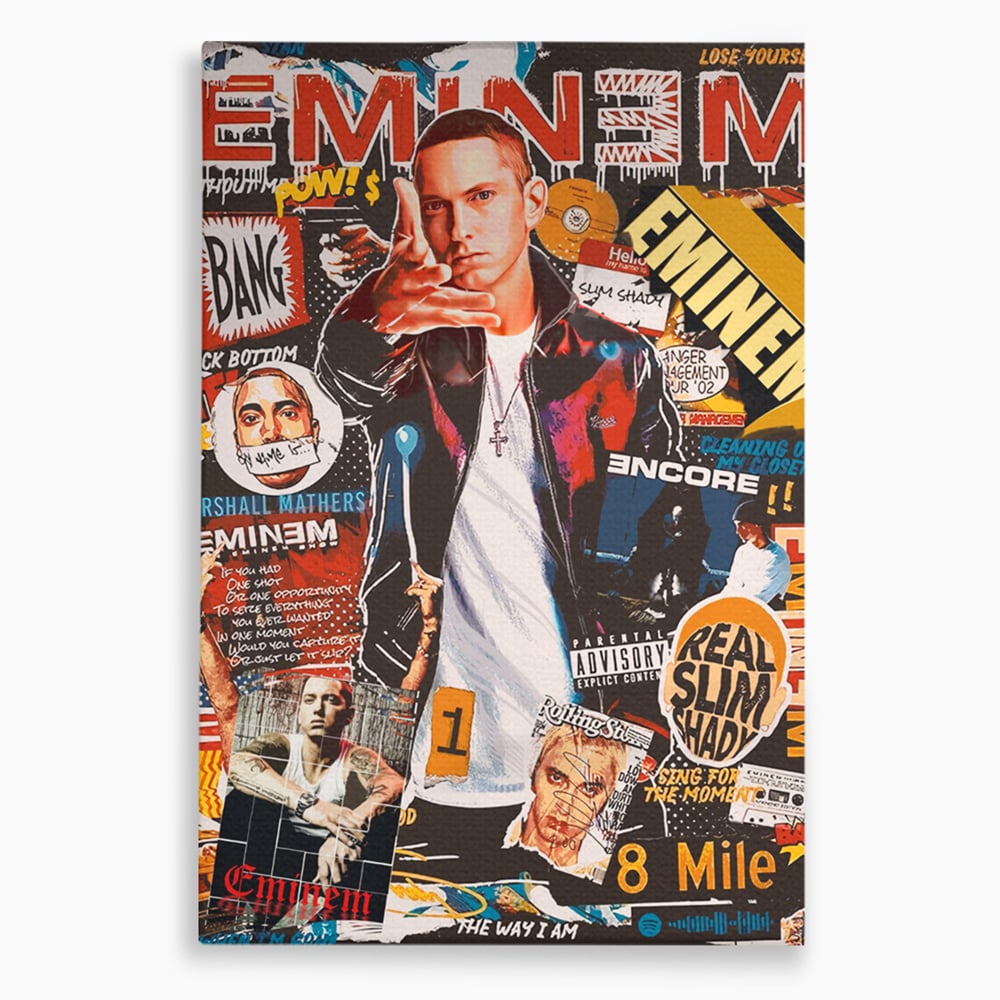 Tablou canvas cu tablou canvas cu eminem si colaj hip-hop, fara rama, pe sasiu de lemn