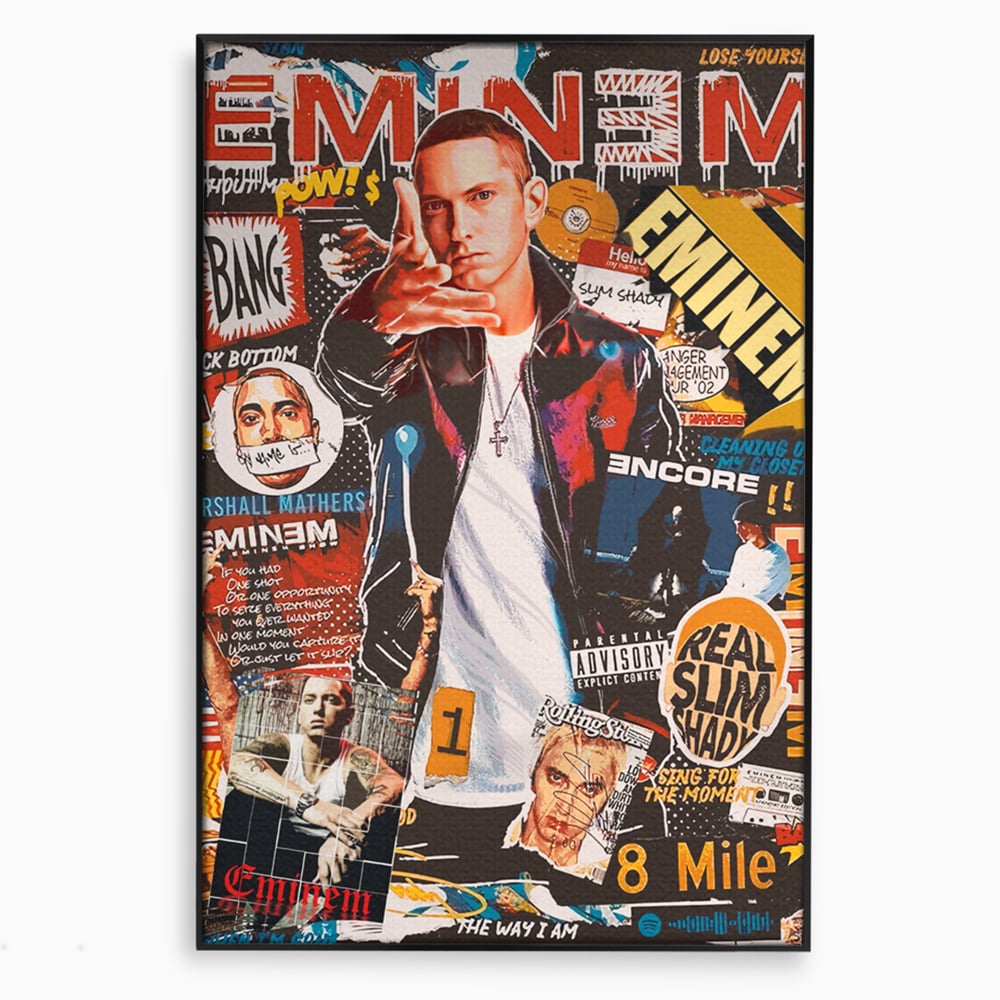 Tablou canvas cu tablou canvas cu eminem si colaj hip-hop, in rama de aluminiu negru