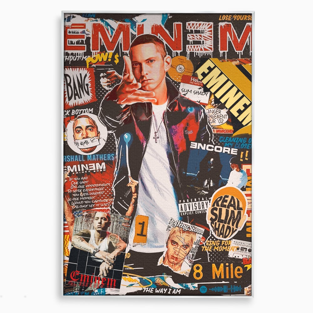 Tablou canvas cu tablou canvas cu eminem si colaj hip-hop, in rama de aluminiu argintiu