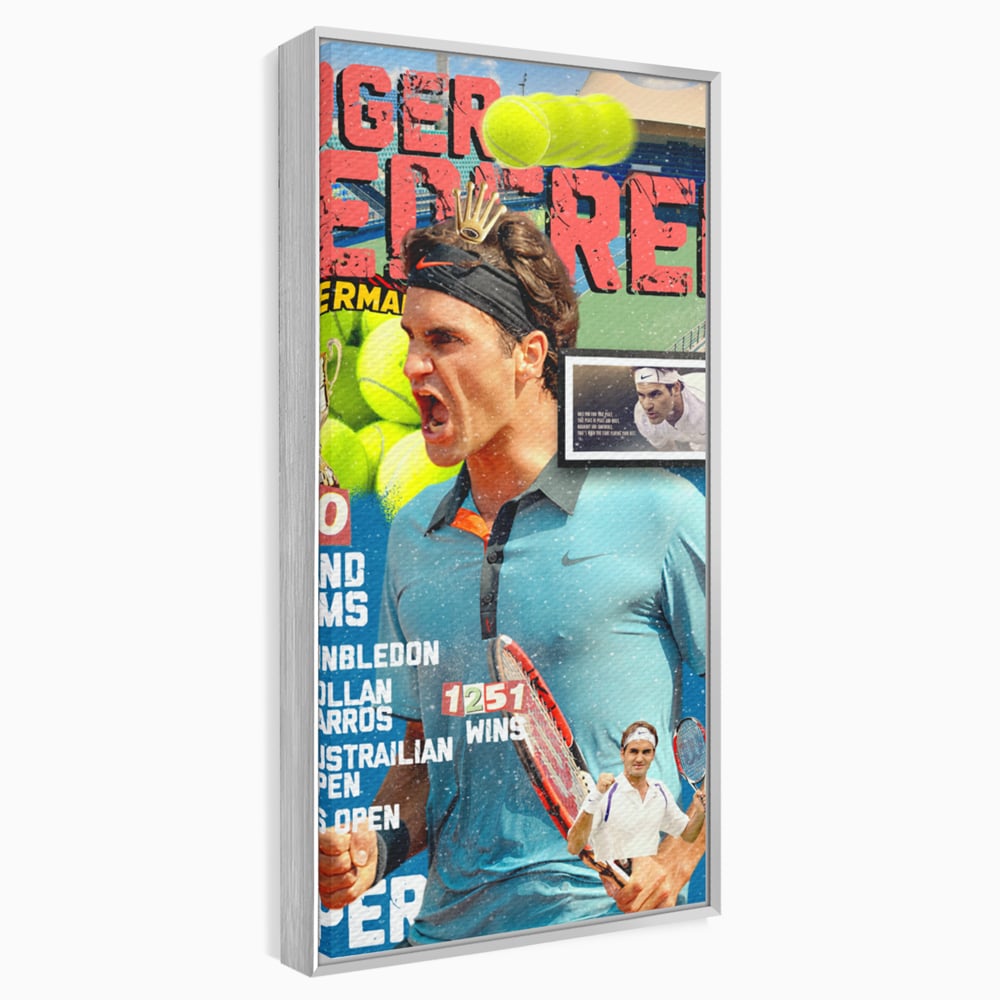 Tablou canvas cu tablou canvas cu roger federer si racheta de tenis, in rama de aluminiu argintiu