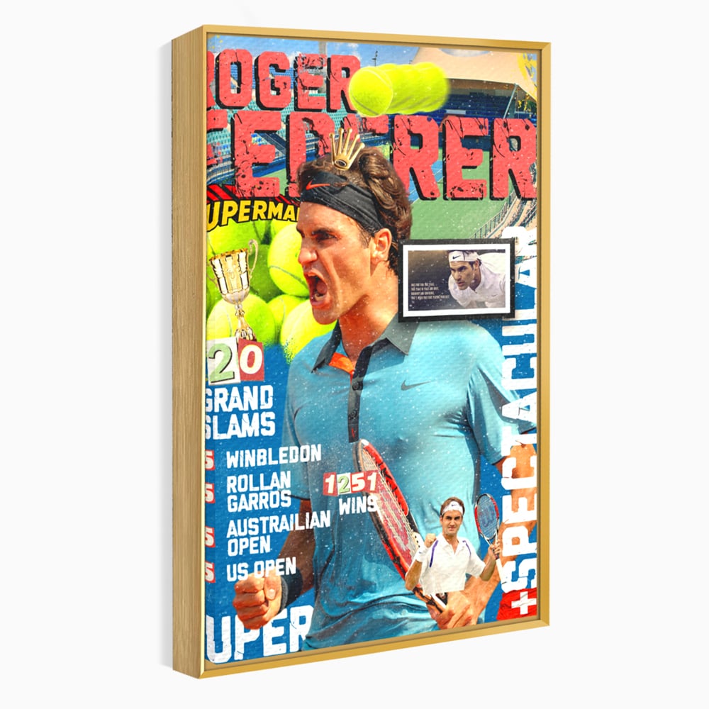 Tablou canvas cu tablou canvas cu roger federer si racheta de tenis, in rama de aluminiu auriu