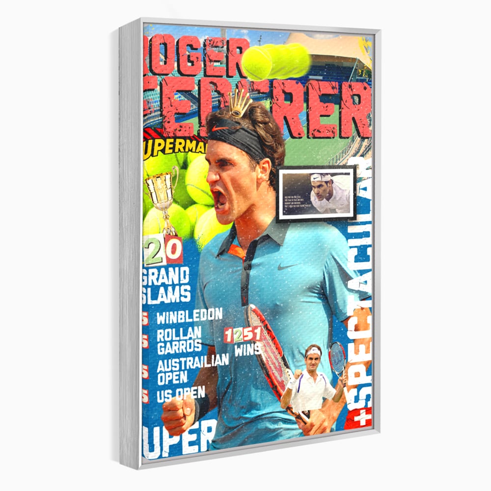 Tablou canvas cu tablou canvas cu roger federer si racheta de tenis, in rama de aluminiu argintiu