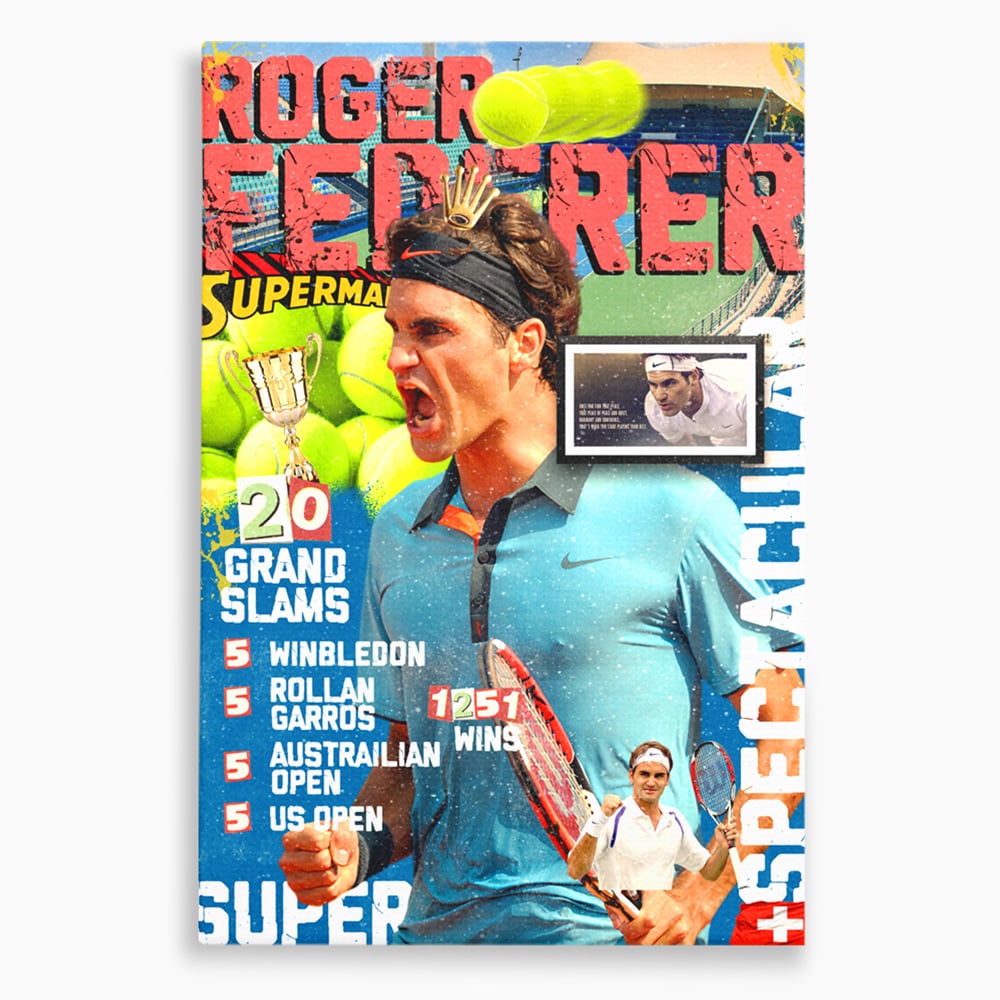 Tablou canvas cu tablou canvas cu roger federer si racheta de tenis, fara rama, pe sasiu de lemn