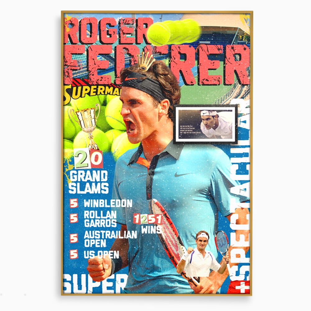 Tablou canvas cu tablou canvas cu roger federer si racheta de tenis, in rama de aluminiu auriu
