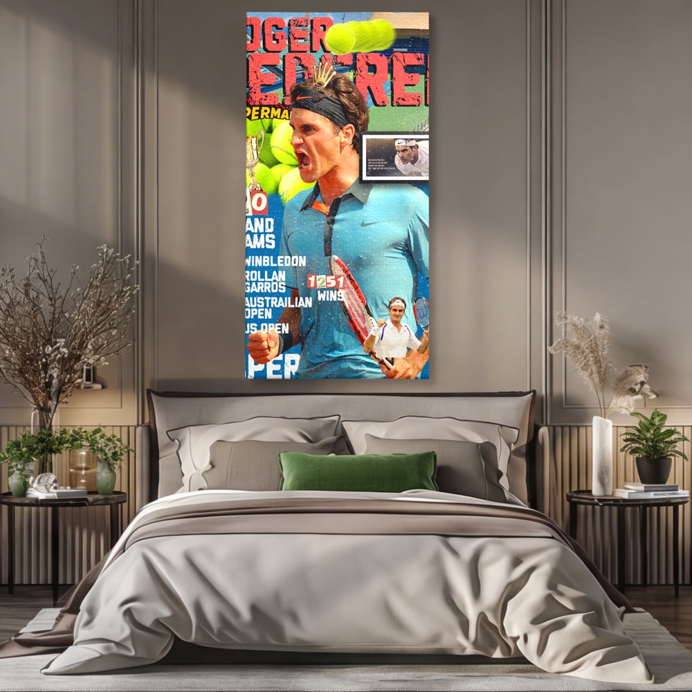 Tablou canvas cu tablou canvas cu roger federer si racheta de tenis, fara rama, pe sasiu de lemn, pe perete intr-un dormitor
