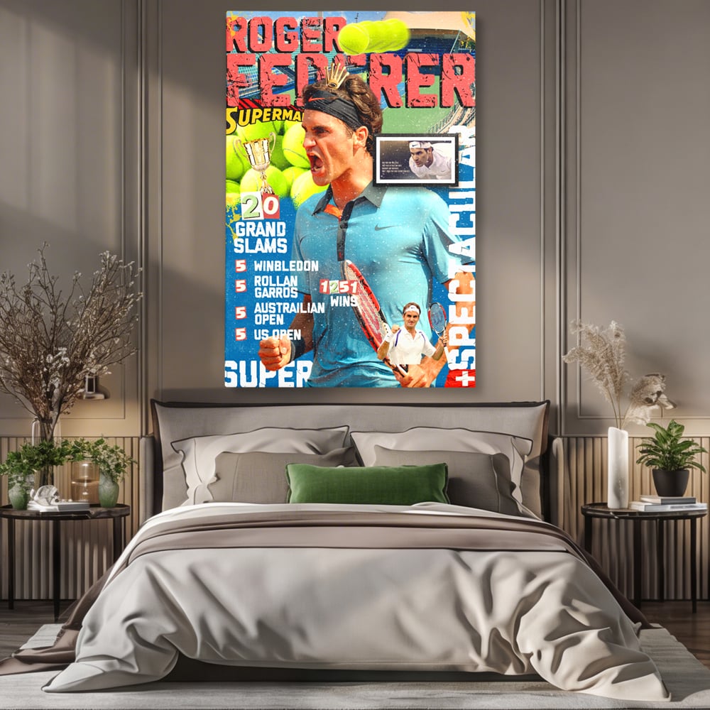 Tablou canvas cu tablou canvas cu roger federer si racheta de tenis, fara rama, pe sasiu de lemn, pe perete intr-un dormitor