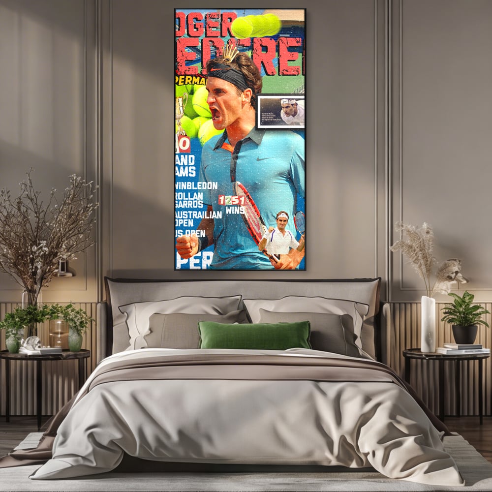 Tablou canvas cu tablou canvas cu roger federer si racheta de tenis, in rama de aluminiu negru, pe perete intr-un dormitor