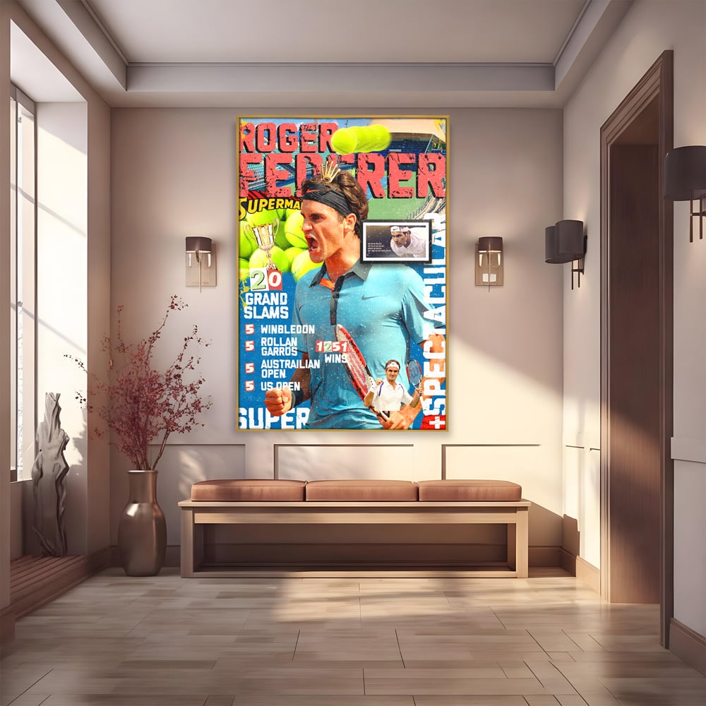 Tablou canvas cu tablou canvas cu roger federer si racheta de tenis, in rama de aluminiu auriu