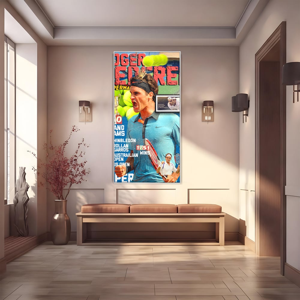 Tablou canvas cu tablou canvas cu roger federer si racheta de tenis, in rama de aluminiu argintiu