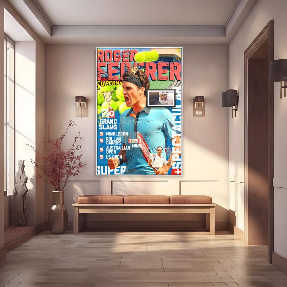Tablou canvas cu tablou canvas cu roger federer si racheta de tenis, in rama de aluminiu argintiu