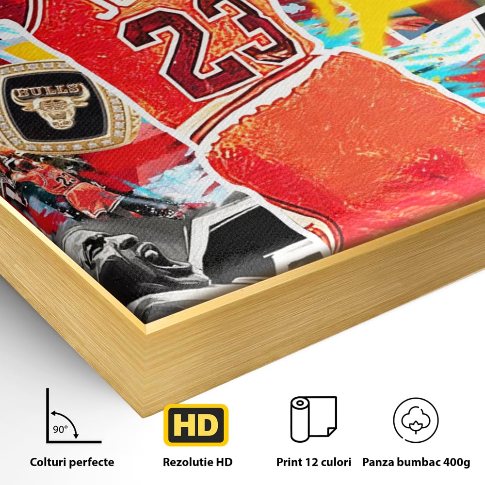 Detaliu al suprafetei: tablou canvas cu michael jordan in actiune, in rama de aluminiu auriu