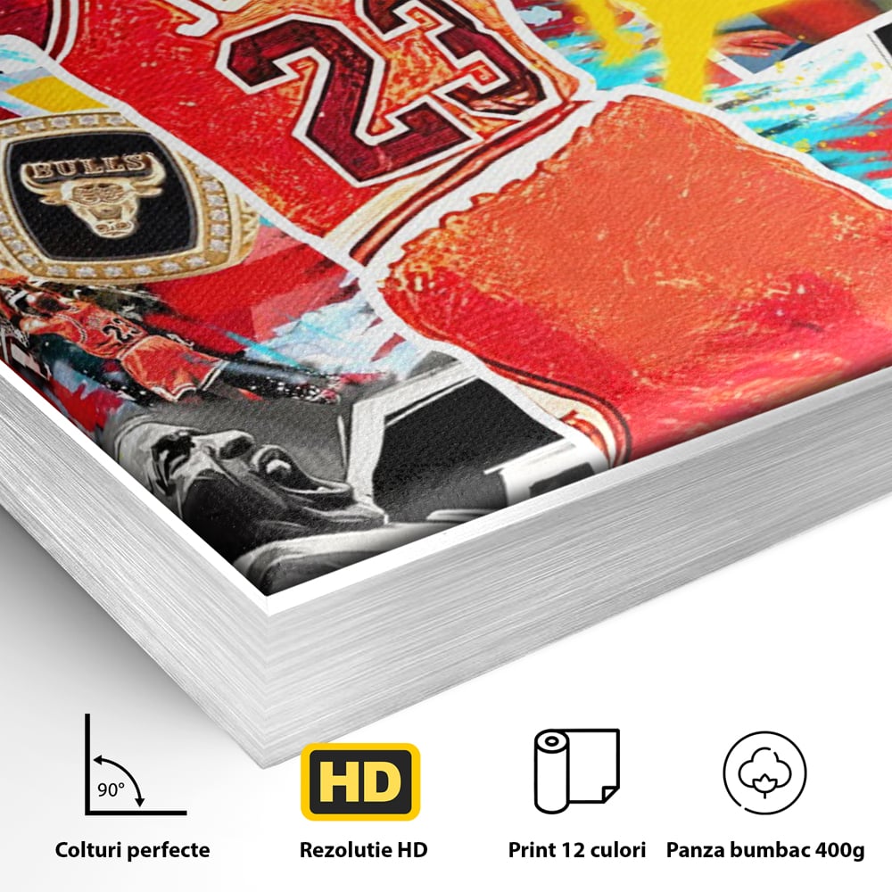 Detaliu al suprafetei: tablou canvas cu michael jordan in actiune, in rama de aluminiu argintiu