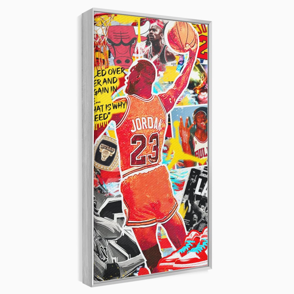 Tablou canvas cu tablou canvas cu michael jordan in actiune, in rama de aluminiu argintiu