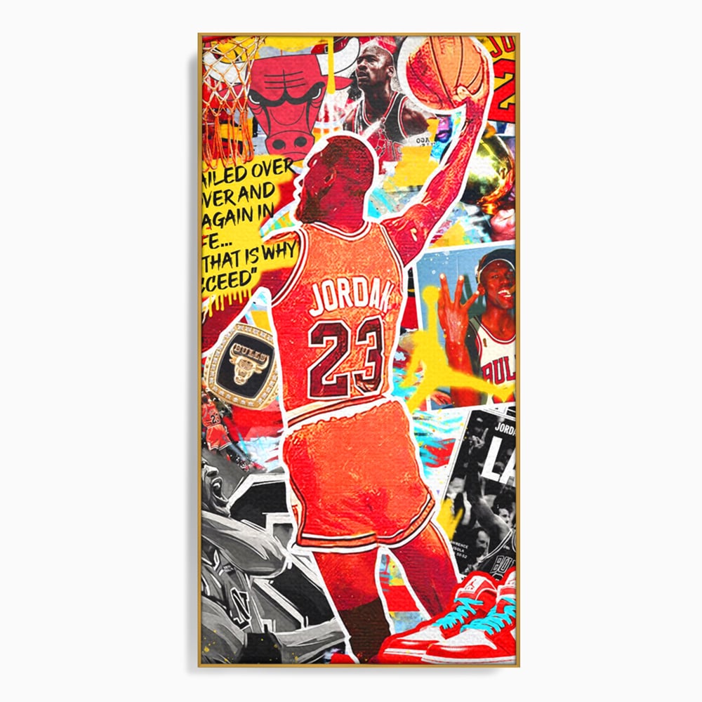 Tablou canvas cu tablou canvas cu michael jordan in actiune, in rama de aluminiu auriu