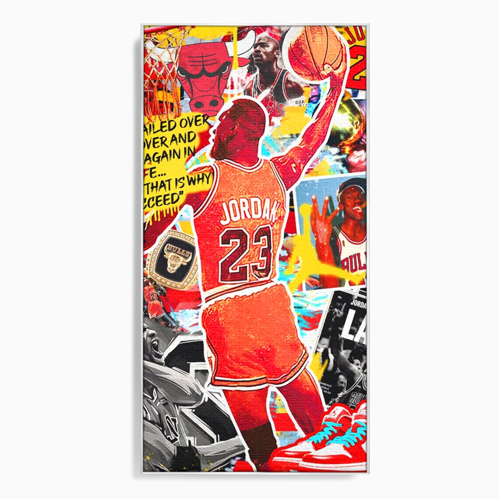 Tablou canvas cu tablou canvas cu michael jordan in actiune, in rama de aluminiu argintiu