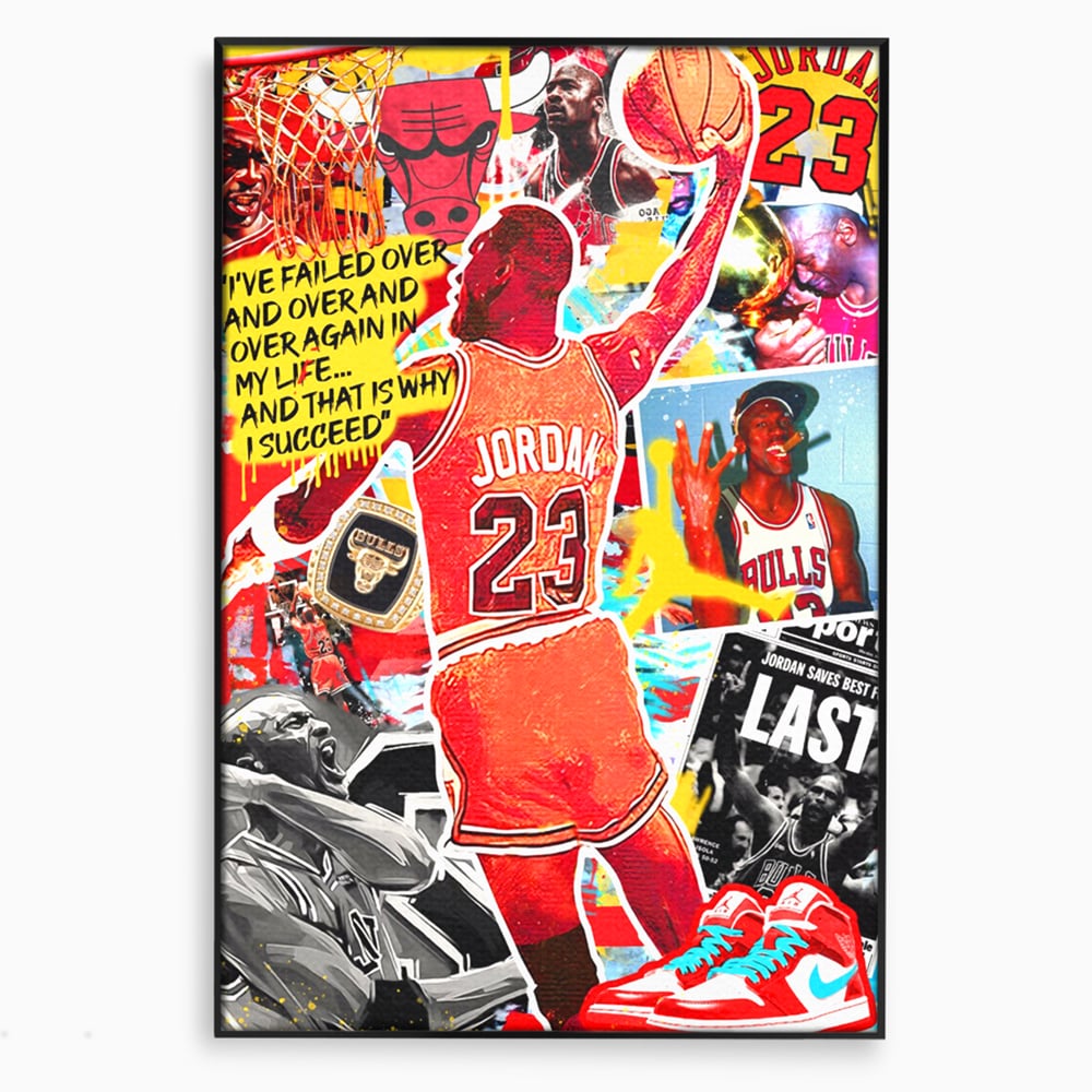 Tablou canvas cu tablou canvas cu michael jordan in actiune, in rama de aluminiu negru