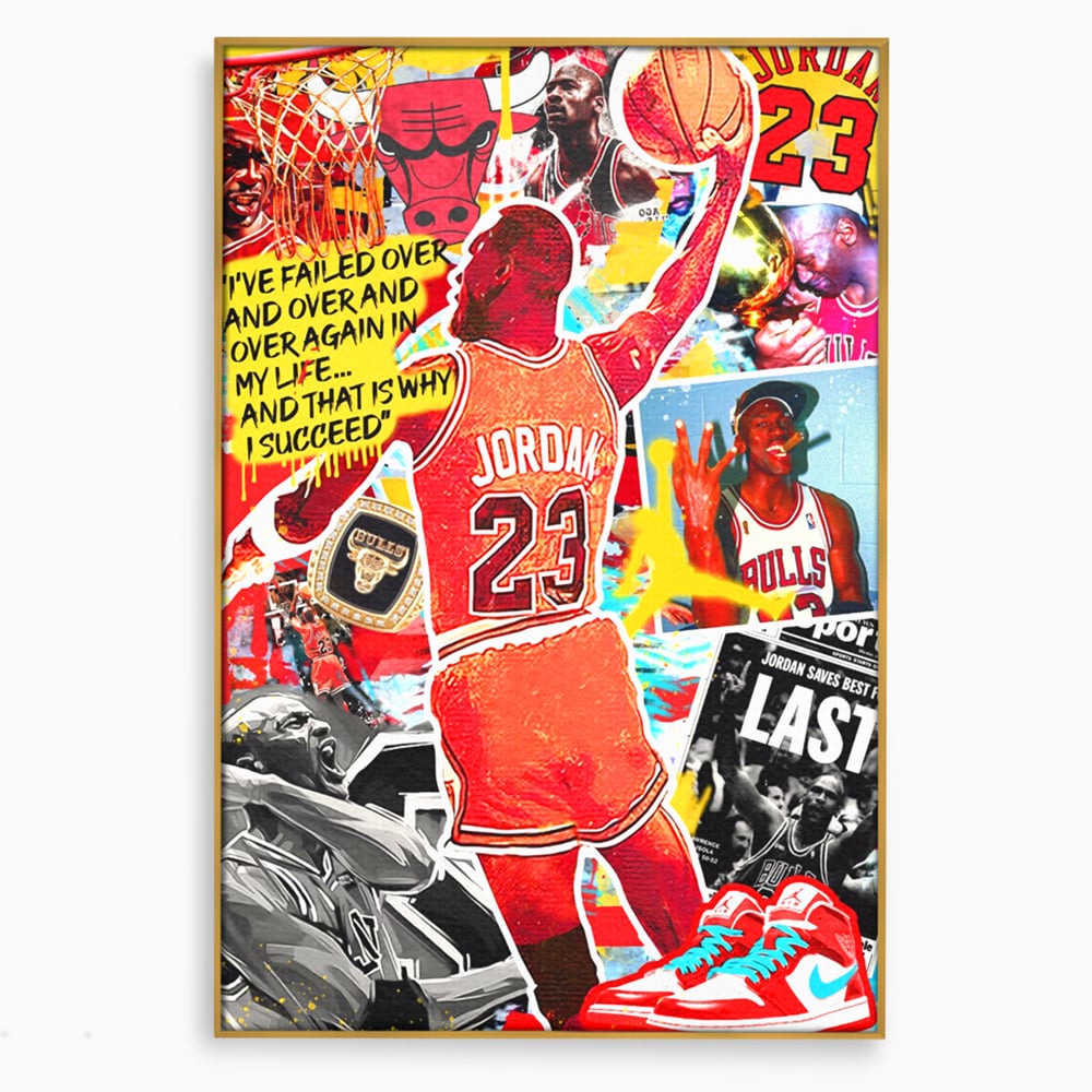 Tablou canvas cu tablou canvas cu michael jordan in actiune, in rama de aluminiu auriu