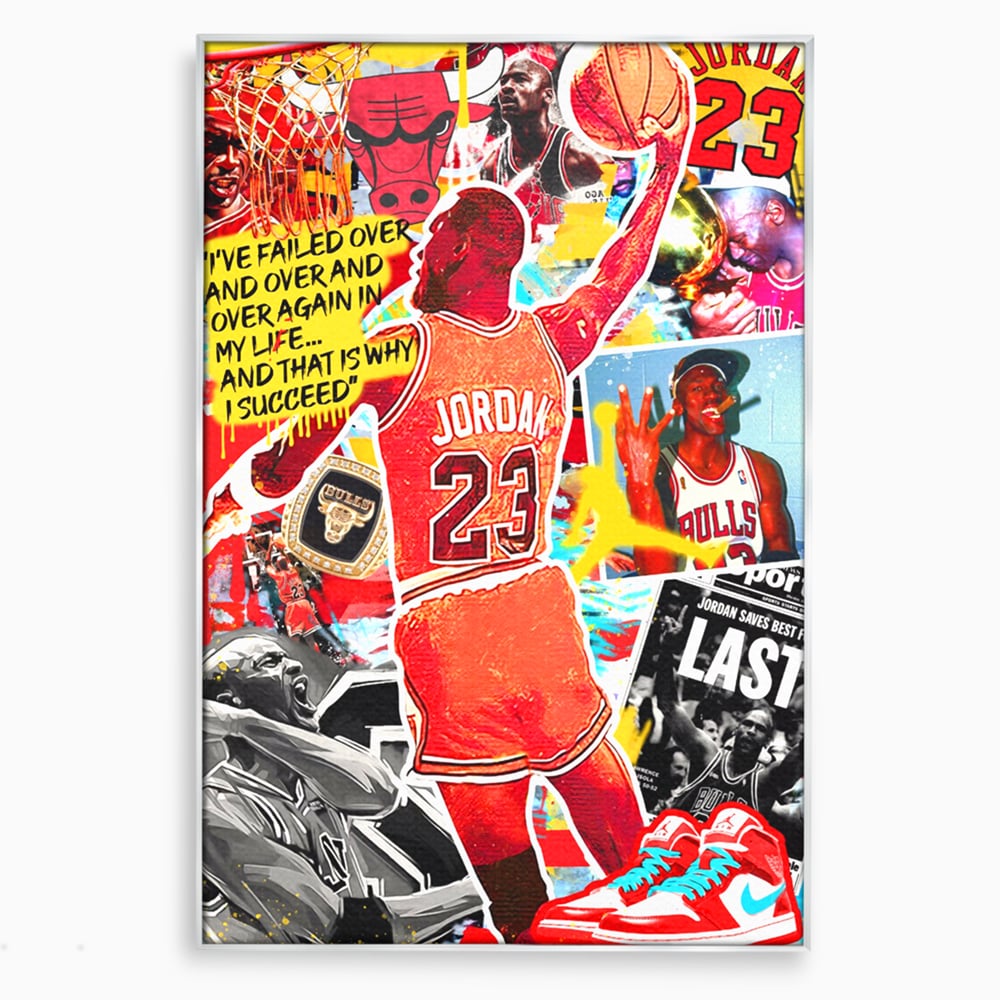 Tablou canvas cu tablou canvas cu michael jordan in actiune, in rama de aluminiu argintiu