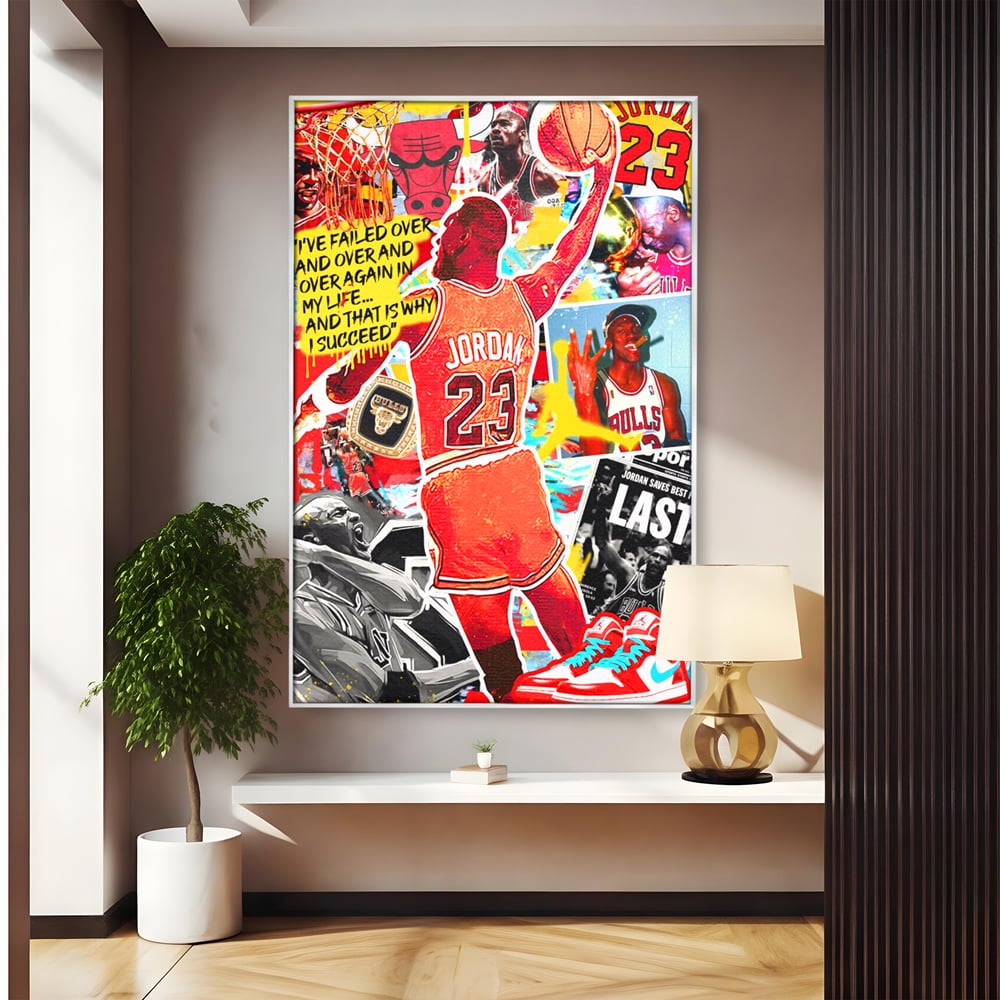 Tablou canvas cu tablou canvas cu michael jordan in actiune, in rama de aluminiu argintiu