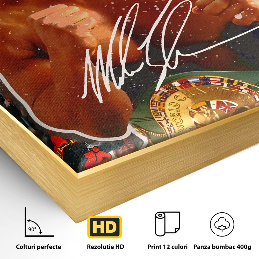 Detaliu al suprafetei: tablou canvas cu boxerul mike tyson, in rama de aluminiu auriu