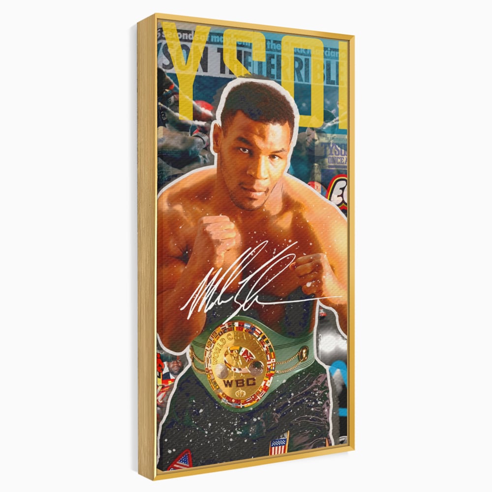 Tablou canvas cu tablou canvas cu boxerul mike tyson, in rama de aluminiu auriu